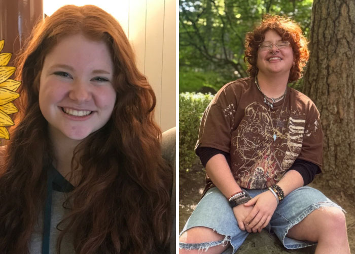 A girl on the left with long red hair smiling and a girl on the right with short red hair and piercings changing herself.