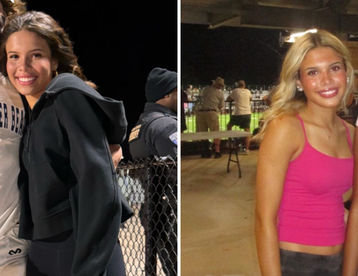 A split image showing a girl in a black hoodie smiling at night before a change, and then smiling in a pink tank top at an outdoor event after, illustrating a personal transformation.