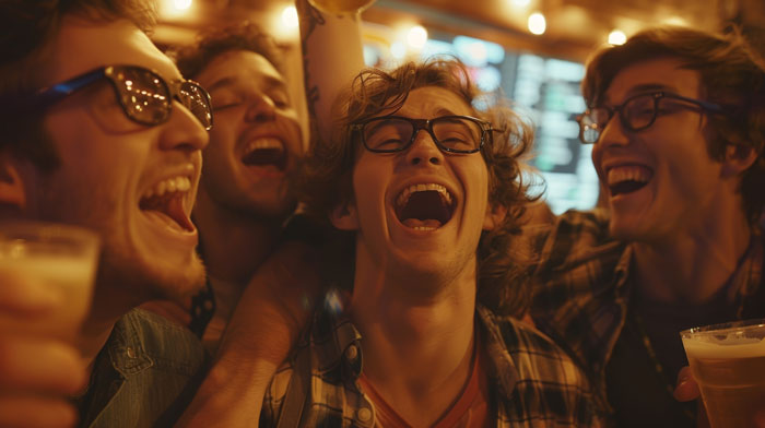 Four male students laughing and holding drinks at a loud party, turning their home into a bar. Four male students laughing and holding drinks at a loud party, turning their home into a bar.