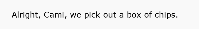 Text overlay: Alright, Cami, we pick out a box of chips. American parents fill grocery cart. Text overlay: Alright, Cami, we pick out a box of chips. American parents fill grocery cart.