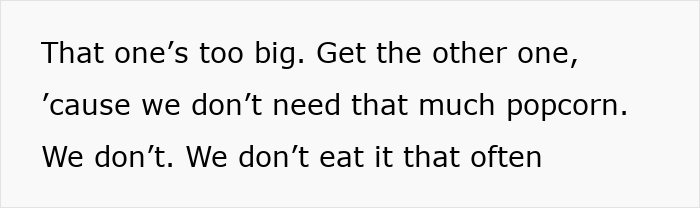 Text overlay: That one's too big. Get the other one, cause we don't need that much popcorn. American parents fill grocery cart. Text overlay: That one's too big. Get the other one, cause we don't need that much popcorn. American parents fill grocery cart.