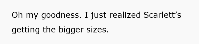Text bubble: Oh my goodness. I just realized Scarlett's getting the bigger sizes. Reflecting American parents groceries. Text bubble: Oh my goodness. I just realized Scarlett's getting the bigger sizes. Reflecting American parents groceries.