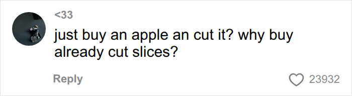 A comment on American parents and their grocery cart, questioning buying pre-cut apple slices instead of a whole apple. A comment on American parents and their grocery cart, questioning buying pre-cut apple slices instead of a whole apple.