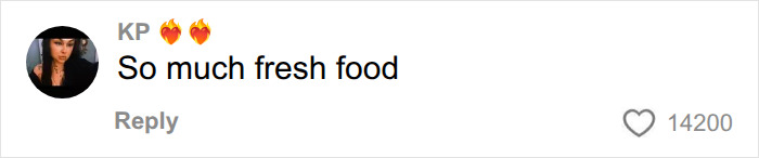 A comment about American parents filling a grocery cart, stating, So much fresh food, with two fire emojis and 14200 likes. A comment about American parents filling a grocery cart, stating, So much fresh food, with two fire emojis and 14200 likes.