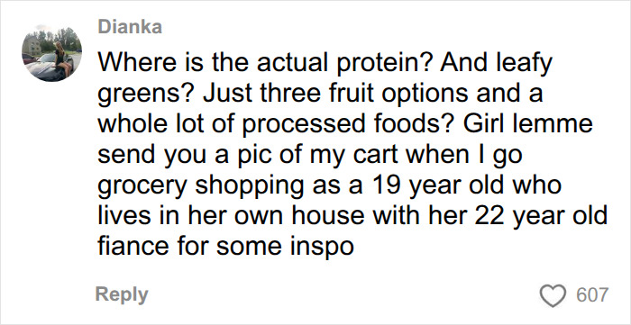 A comment questioning the absence of protein and leafy greens in the American parents' grocery cart, highlighting processed foods. A comment questioning the absence of protein and leafy greens in the American parents' grocery cart, highlighting processed foods.