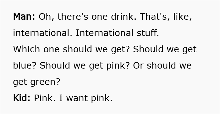 Text displaying a conversation about international drinks, people try to find actual food in the grocery cart. Text displaying a conversation about international drinks, people try to find actual food in the grocery cart.