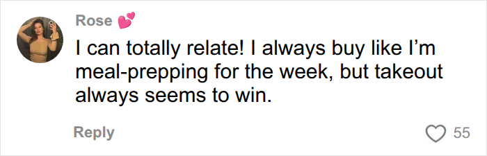 A relatable comment about meal prepping struggles, where takeout often wins over cooking, reflecting on grocery habits. A relatable comment about meal prepping struggles, where takeout often wins over cooking, reflecting on grocery habits.