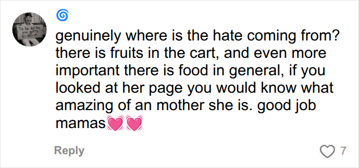 A comment supporting American parents filling a grocery cart with food, highlighting actual food items and a mother's effort. A comment supporting American parents filling a grocery cart with food, highlighting actual food items and a mother's effort.
