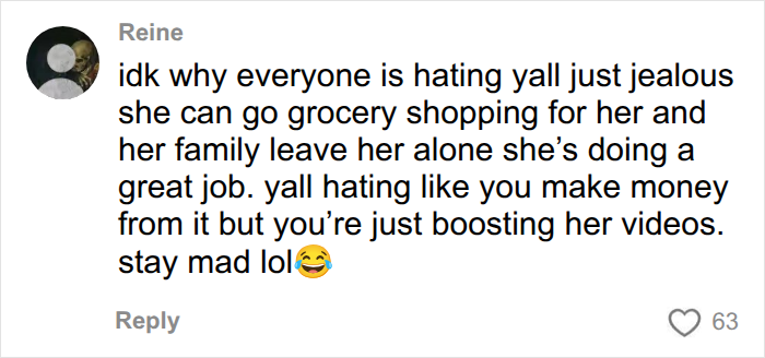 A comment defending American parents grocery shopping, stating that haters are jealous and boosting videos. A comment defending American parents grocery shopping, stating that haters are jealous and boosting videos.
