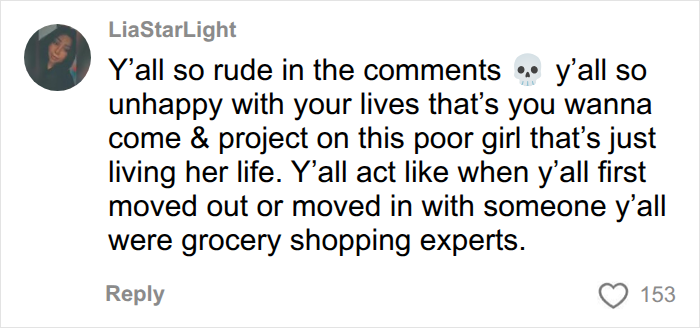A comment from LiaStarLight criticizing rude comments about American parents filling their grocery cart. A comment from LiaStarLight criticizing rude comments about American parents filling their grocery cart.