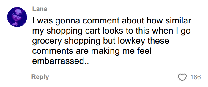 A social media comment from Lana expressing embarrassment about her full grocery cart, relating to American parents. A social media comment from Lana expressing embarrassment about her full grocery cart, relating to American parents.