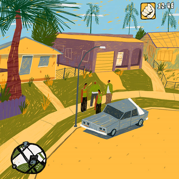 Nostalgic painting showing a street scene with a car and people, inspired by the golden era of GTA.
