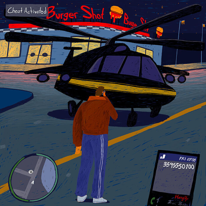 Nostalgic painting of a man calling beside a helicopter and Burger Shot, embodying the golden era of GTA.