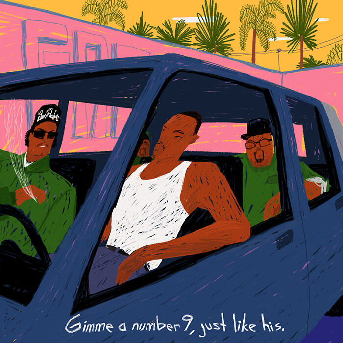 Nostalgic painting of three men in a car, reminiscent of the golden era of GTA.
