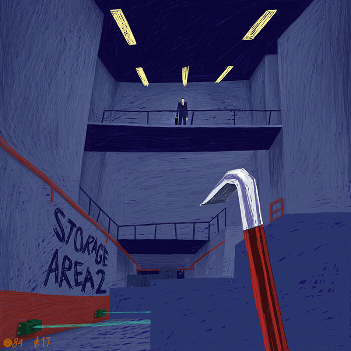 Nostalgic painting depicting a scene from a classic video game, possibly Half-Life, with a crowbar in the foreground.