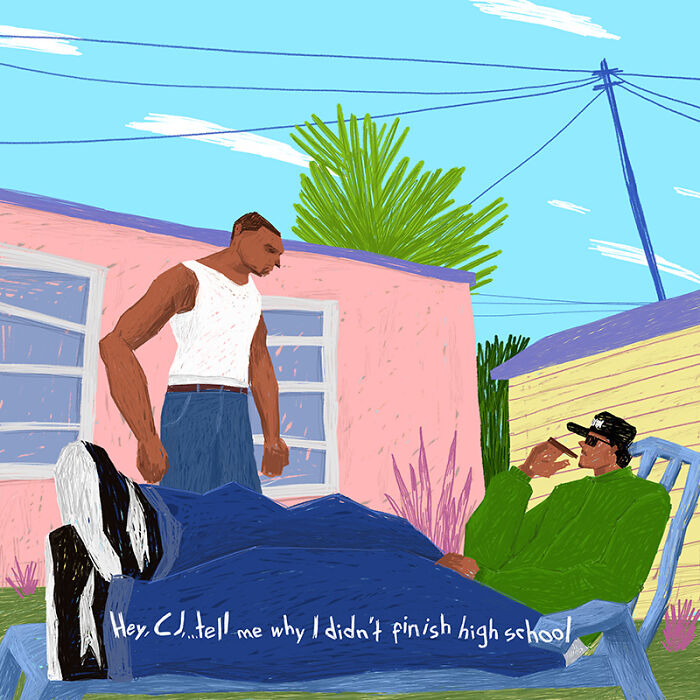 Nostalgic painting depicting two men outside a house, an artistic recreation of the golden era of GTA.