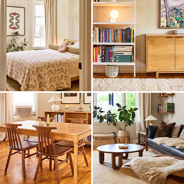 Four different rooms featuring stylish and inspiring home decor projects, including a bedroom, living room, and dining area.