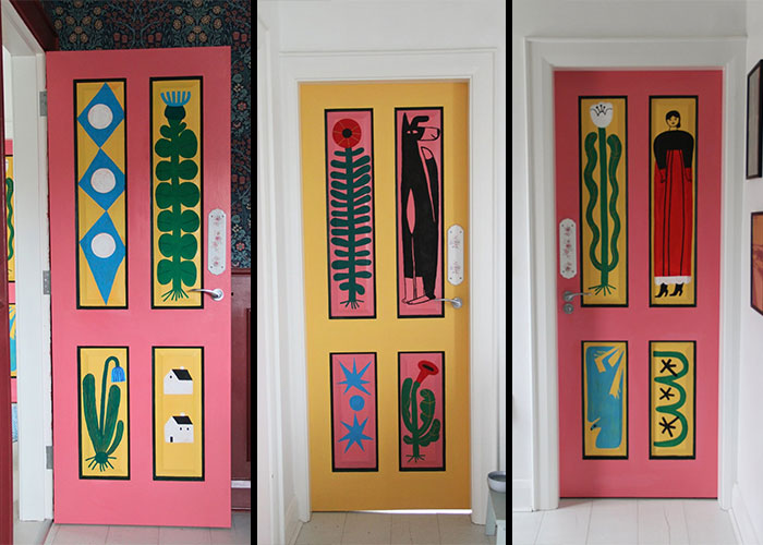 Three colorful painted doors, each a unique home decor project with abstract designs and vibrant hues.