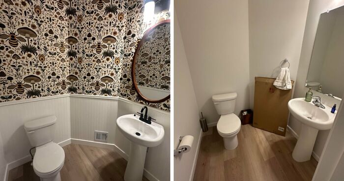 Before and after home decor projects of a small bathroom with a toilet and sink, updated with patterned wallpaper.