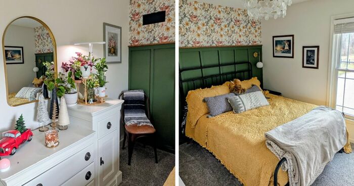 Before and after home decor projects transform a bedroom with a feature wall, new bed, and vibrant colors.
