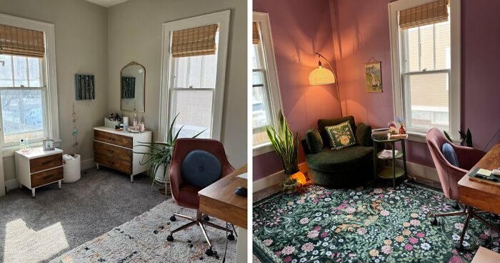Before and after home decor projects show a cozy reading nook with a chair, plant, and lamp.