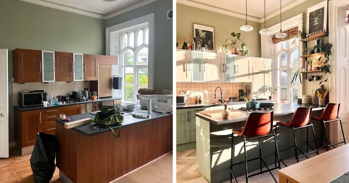 A stunning kitchen transformation with before-and-after views, highlighting a modern renovation as a fantastic home decor project.