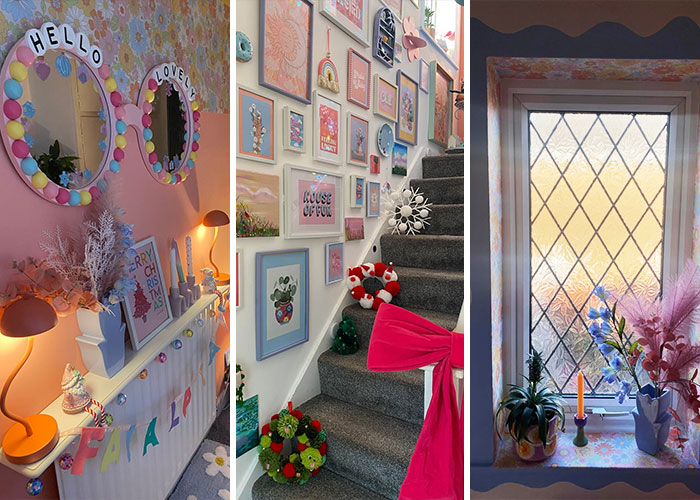 Three images showing different views of a colorful home interior with unique home decor projects.