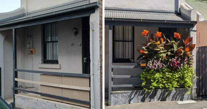 Before and after of a home's exterior porch, transformed with beautiful home decor projects and plants.