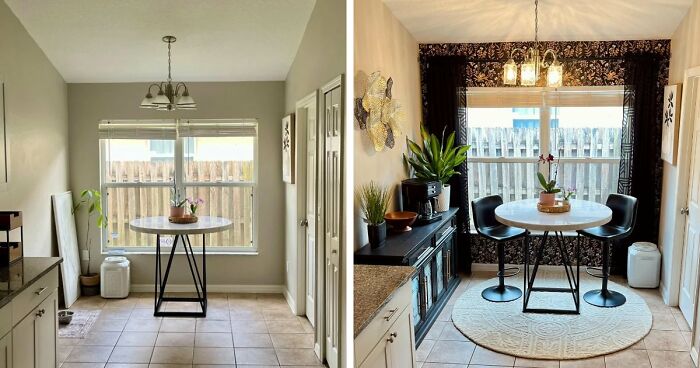 Before and after of a kitchen nook with a dining table, highlighting inspiring home decor projects.