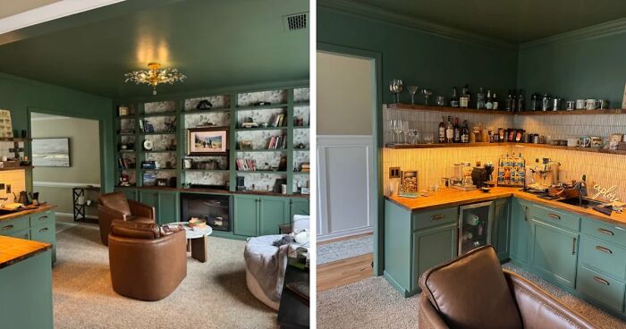 Before and after of a living room and home bar area, showcasing impressive home decor projects.