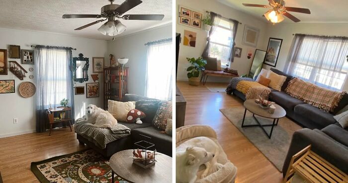 A before and after comparison of a living room, highlighting the home decor projects that transformed the space.
