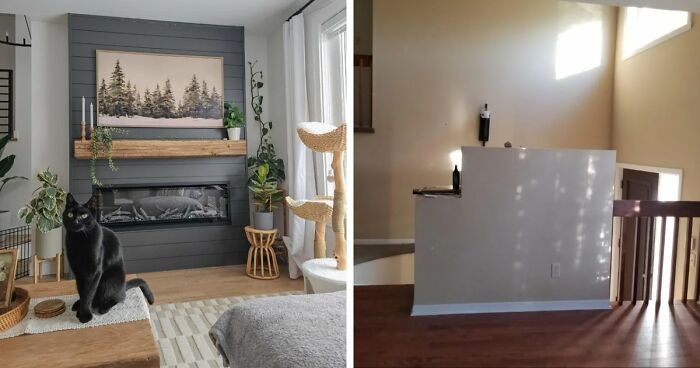 Cozy living room home decor projects featuring a fireplace with a TV, a black cat, and a sunlit interior.