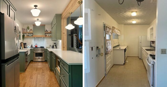 Stunning kitchen transformation, a prime example of effective home decor projects with green cabinets and white countertops.