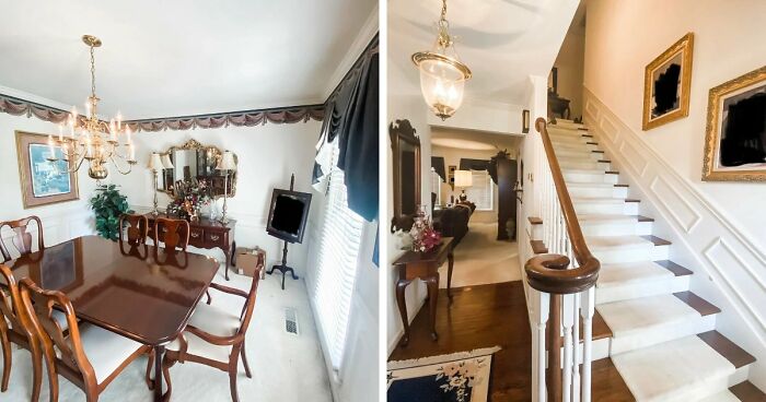 Before and after shot of home decor projects, showcasing a revamped dining room and elegant staircase.
