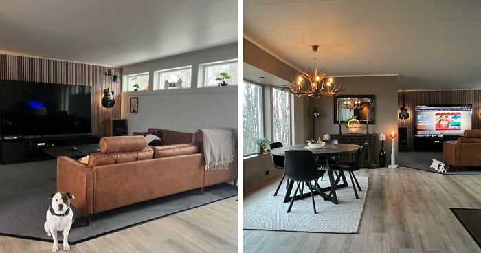 Before and after views of a living room home decor project, transforming from a simple space with a large TV and brown sofa to an open concept with a dining area, antler chandelier, and a dog, highlighting stylish and functional updates.