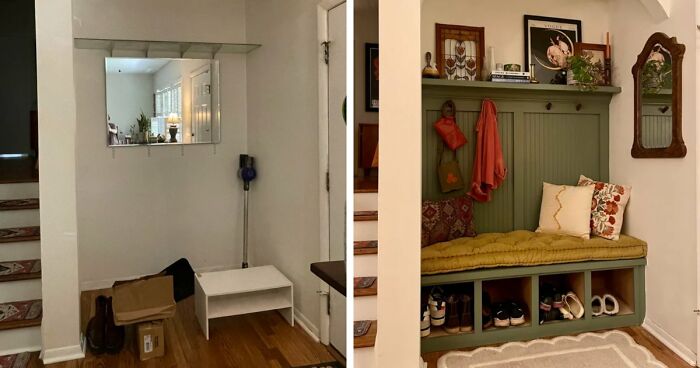 A home decor project transforming a cluttered entryway into an organized and inviting space with a green storage bench.