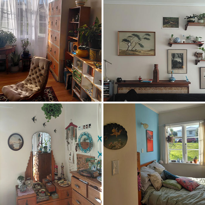 Four different home decor projects showcasing various rooms with unique, personalized decor and plants.