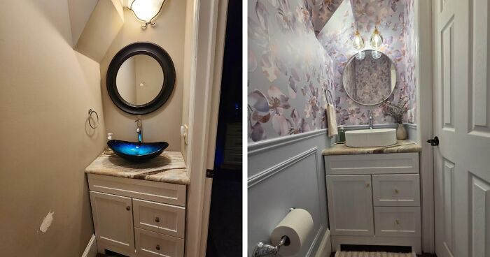 Stunning home decor project showing a before and after of a powder room with a floral wallpaper and new vanity.