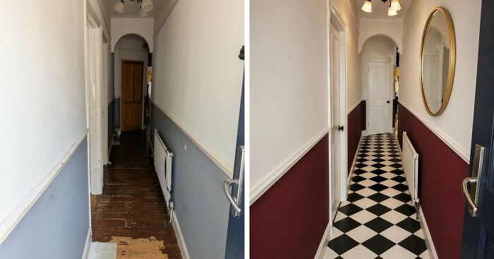 Before and after of a home decor project transforming a dull hallway into a vibrant space with patterned tiles.