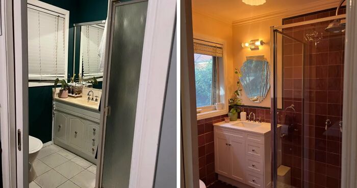 A before and after image of a home decor project transforming a simple bathroom into a stylish space with warm lighting and a unique mirror.
