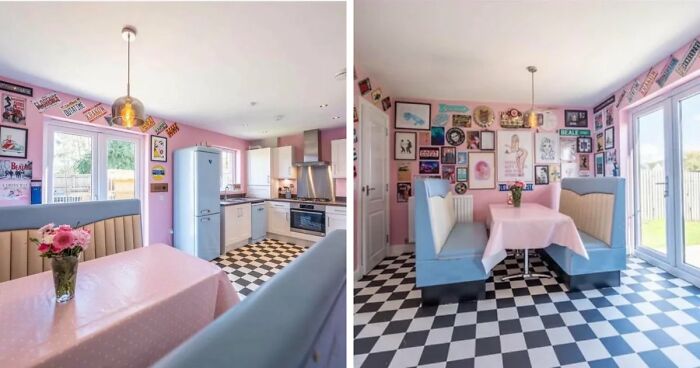 A before and after image of a home decor project transforming a kitchen into a retro-themed diner with pink walls and checkered floors.