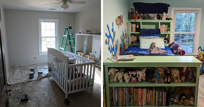 A before and after image showing a home decor project transforming a nursery into a vibrant, aquatic-themed kids room.