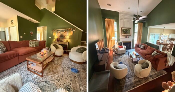 A before and after view of a living room home decor project with a large rust-colored sofa, unique chairs, and warm lighting.