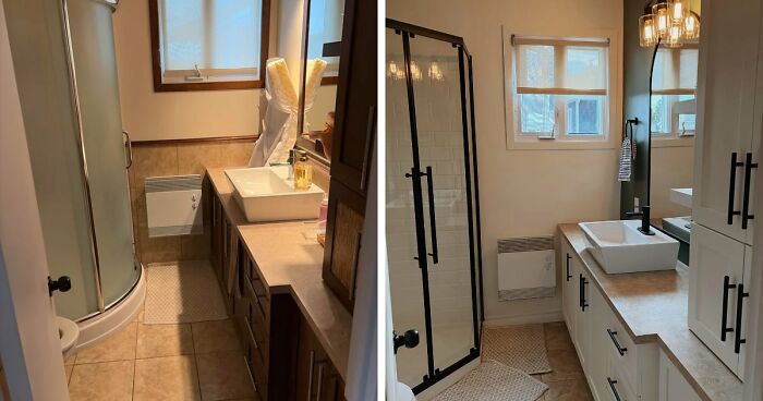 Before and after comparison of a bathroom home decor project showing a sleek shower and updated vanity.