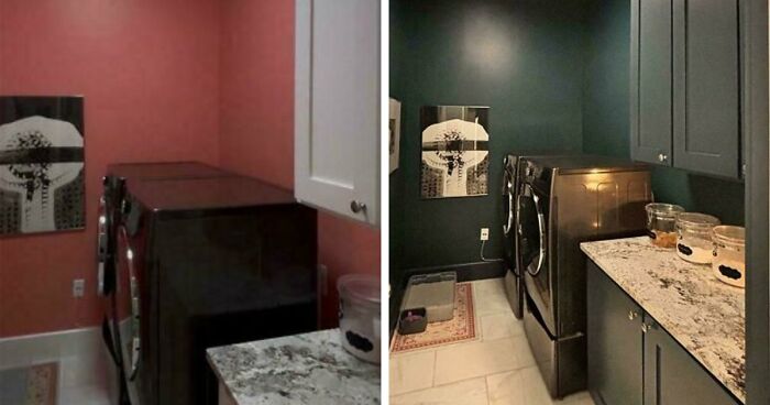 Before and after shot of a laundry room home decor project with dark green walls, new cabinets, and modern appliances.