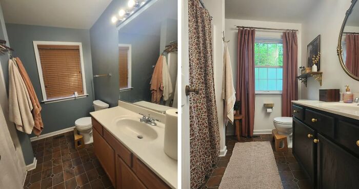 Transformative home decor projects illustrating a bathroom before and after, updated with new curtains, mirror, and vanity.