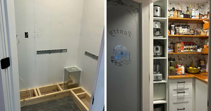 Before-and-after home decor projects showing a pantry renovation with custom shelving and an elegant etched glass door.