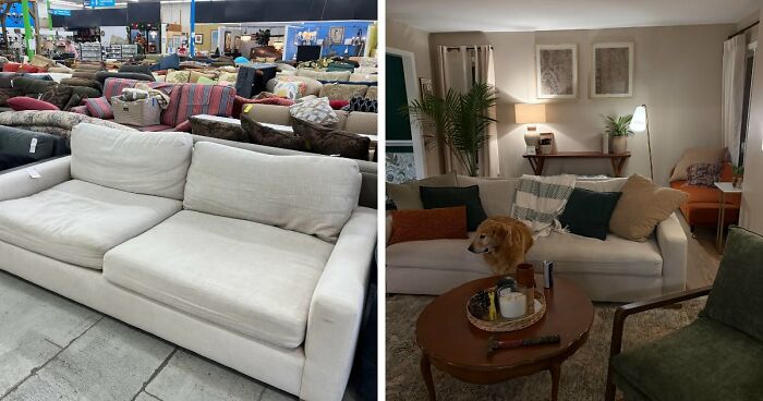 A before-and-after comparison of a sofa, transitioning from a store to a stylish living room, as a beautiful home decor project.