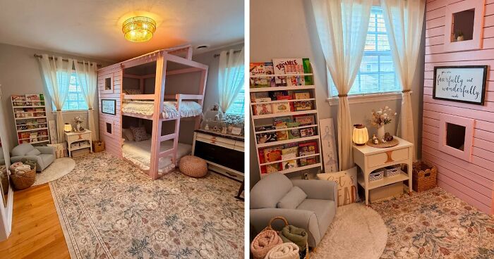 A child's room home decor project with a pink bunk bed, a cozy reading nook, and numerous bookshelves filled with children's books, creating a playful and organized space.