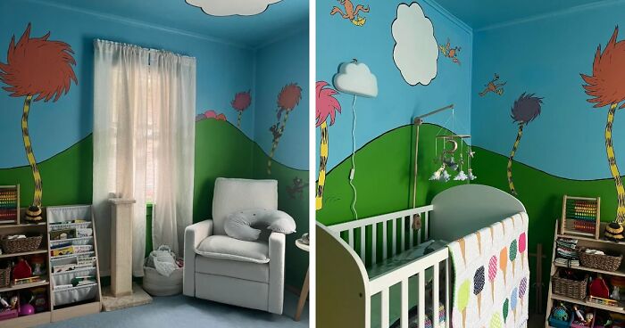 A before and after image showing a home decor project transforming a basic room into a Dr. Seuss themed nursery.